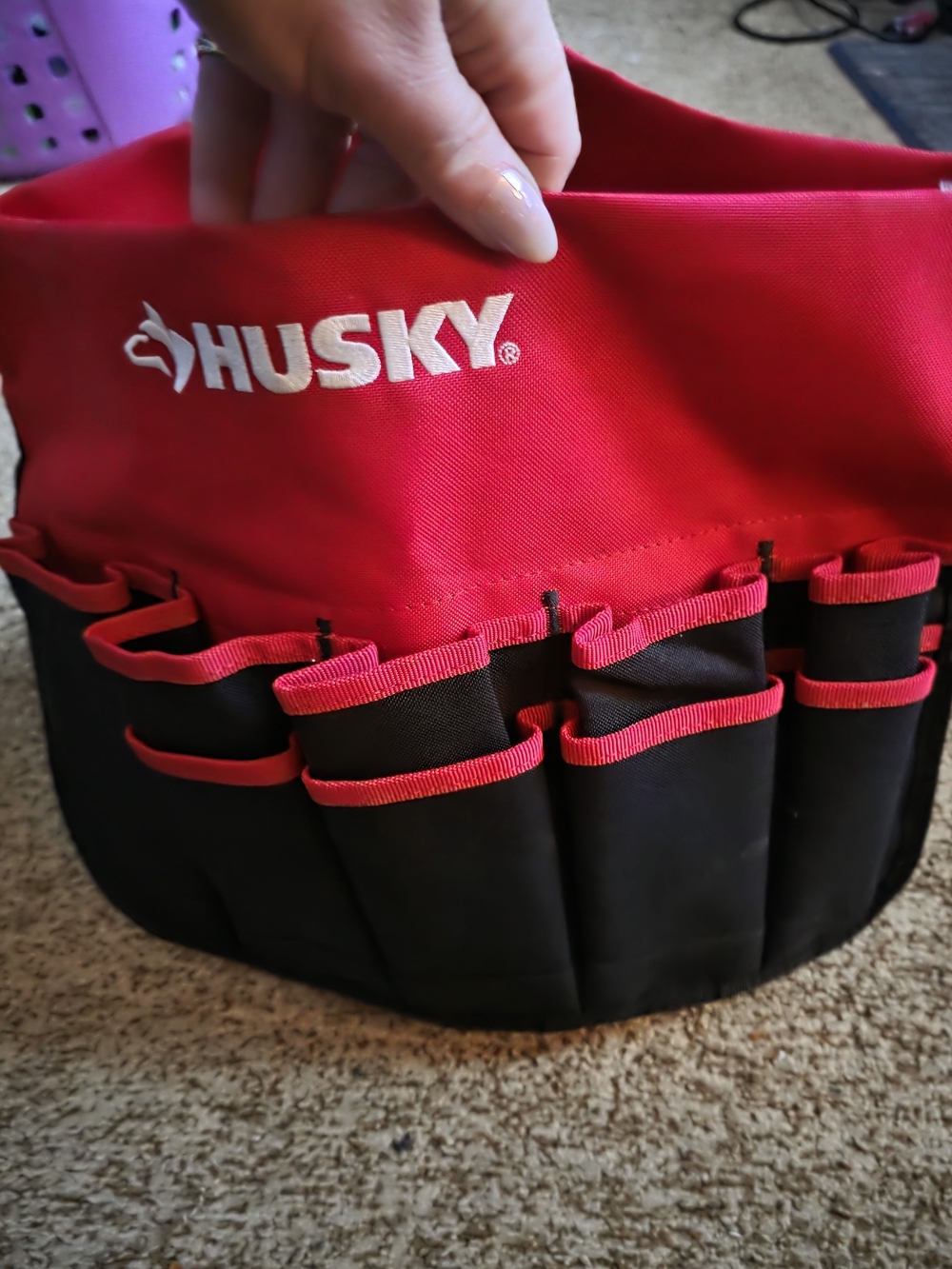Husky Red and Black Tool Bucket Organizer with Multiple Pockets